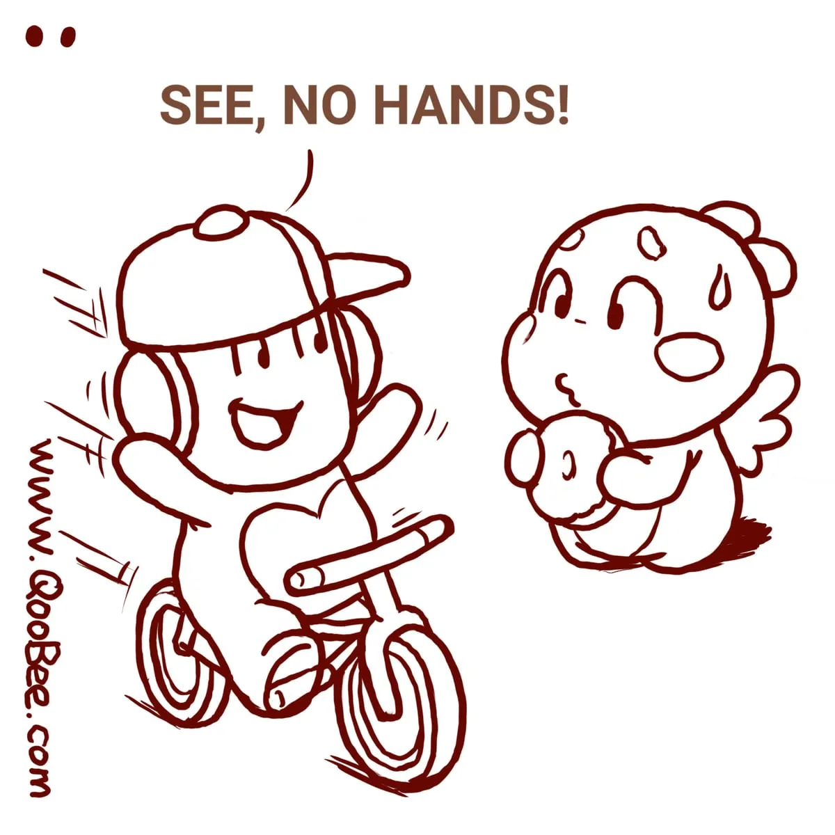 Greenie rides with no hands and shouts: See, no hands! QooBee watches, worried