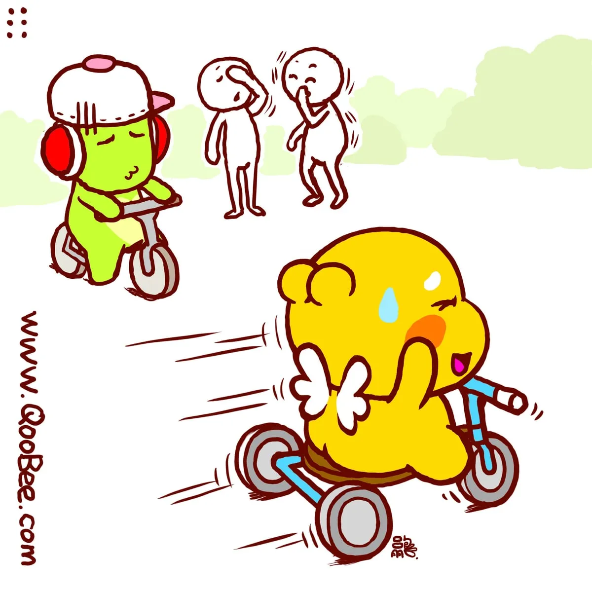 Colour panel: QooBee rides a tiny tricycle very fast while Greenie and passers-by stare