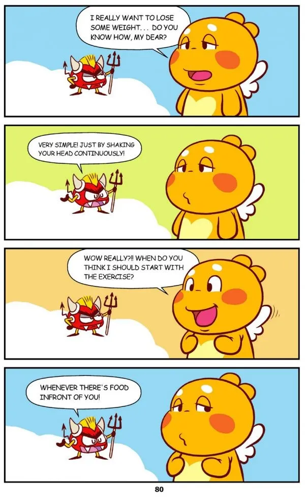 Four-panel colour comic of QooBee and Mr Devil talking about losing weight