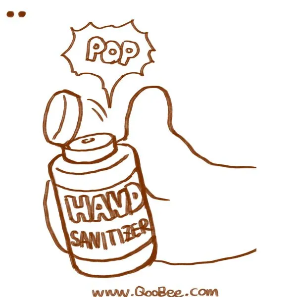 Close-up sketch of a hand popping open the hand sanitizer bottle
