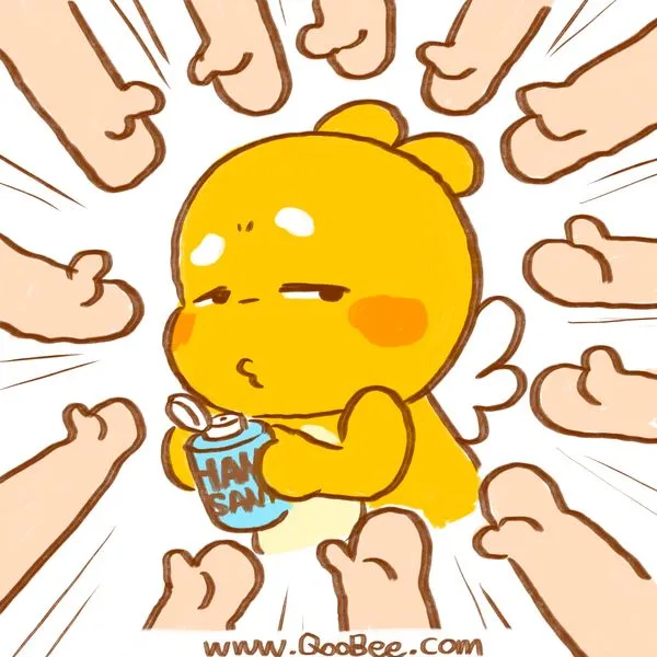 QooBee looks unimpressed as hands reach in from every side asking for hand sanitizer