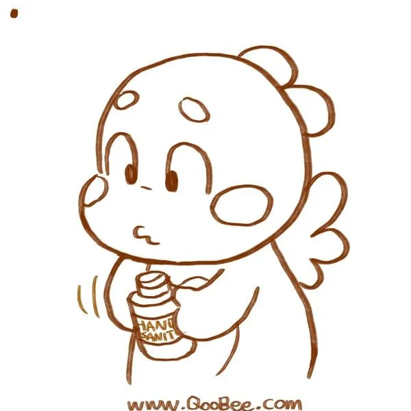 Sketch of QooBee nervously holding a small bottle of hand sanitizer