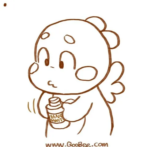Sketch of QooBee nervously holding a small bottle of hand sanitizer