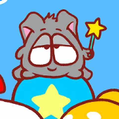 Tammy, a grey floppy-eared dragon with sleepy eyes, holding a star wand above a blue crystal ball